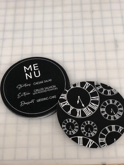 Round business cards in black and white, double-sided printing with custom design