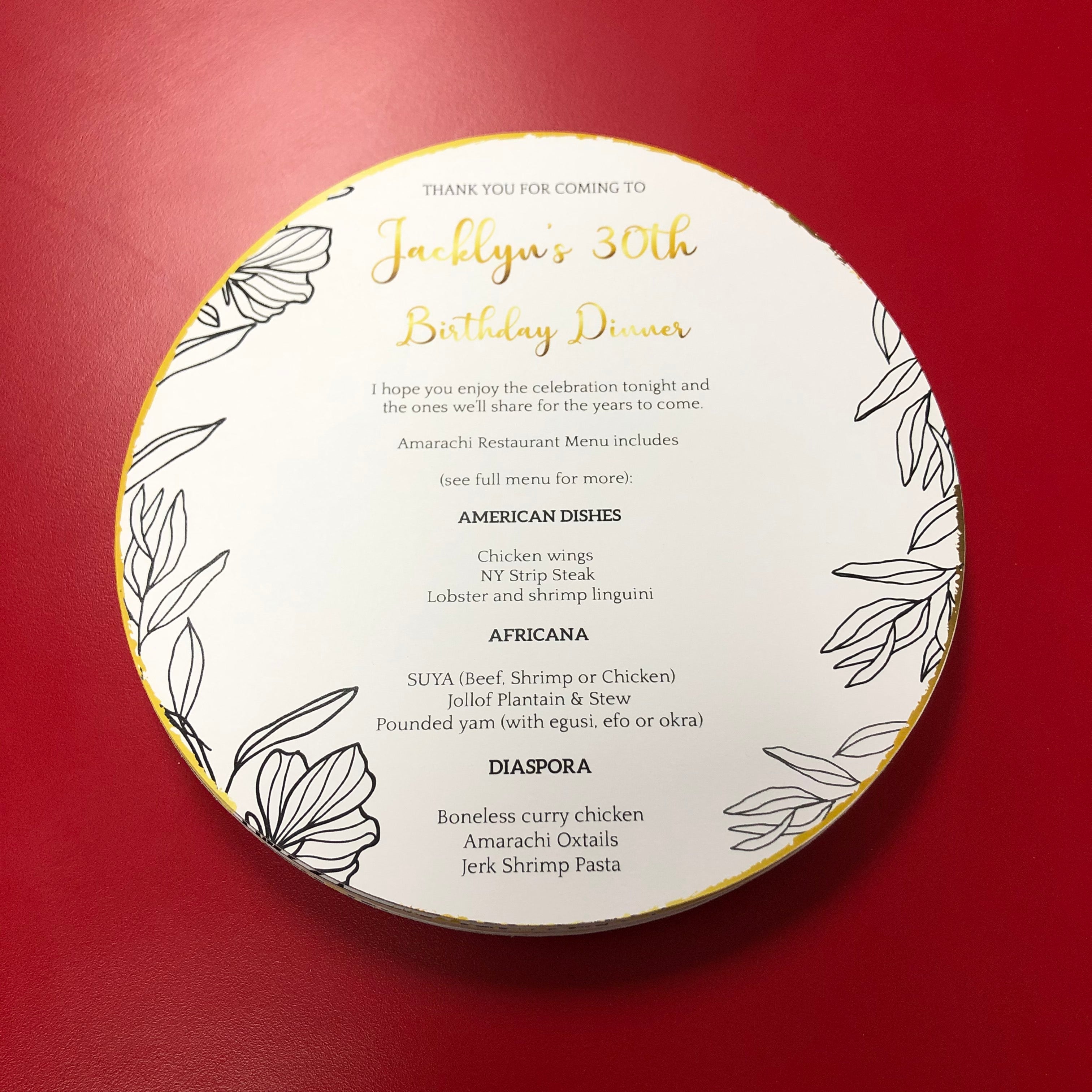 THANK YOU, MENU CARDS round gold letters