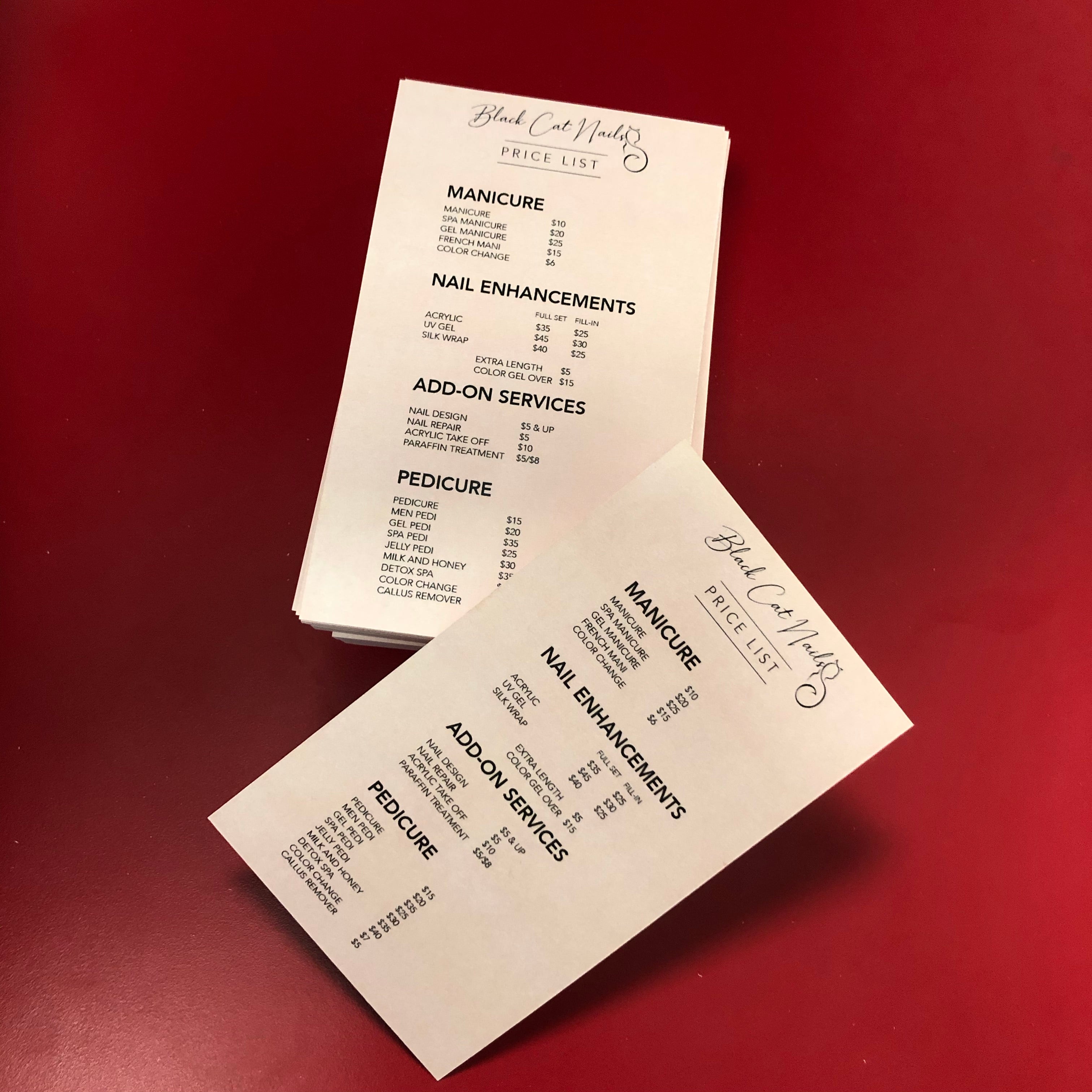 card menu price list for business